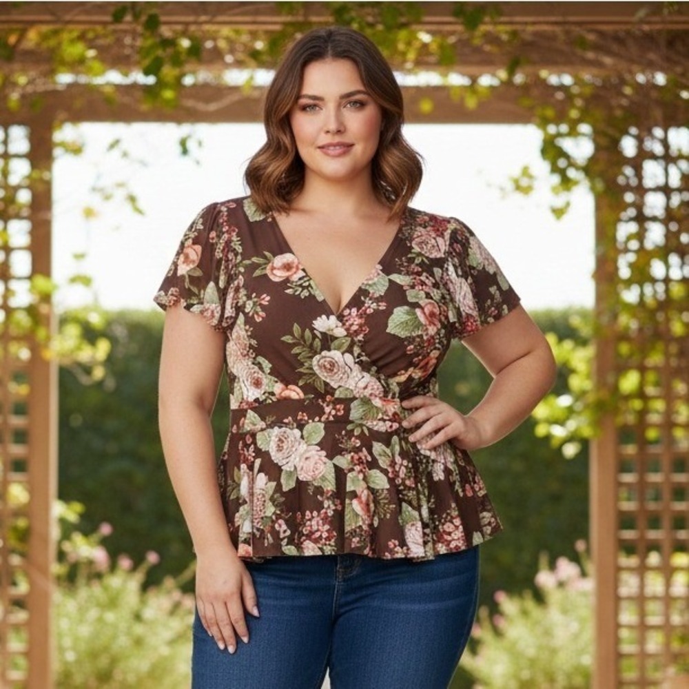 Torrid Top Blouse 4X Brown Floral Mesh Ruffle‎ Sleeve Cottagecore New NWT